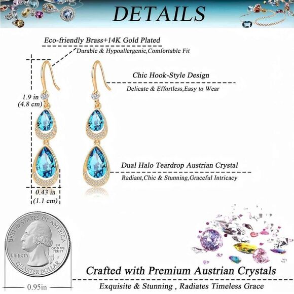 14K Yellow Gold with Bermuda Blue Austrian Crystal Double Teardrop Hook Earrings